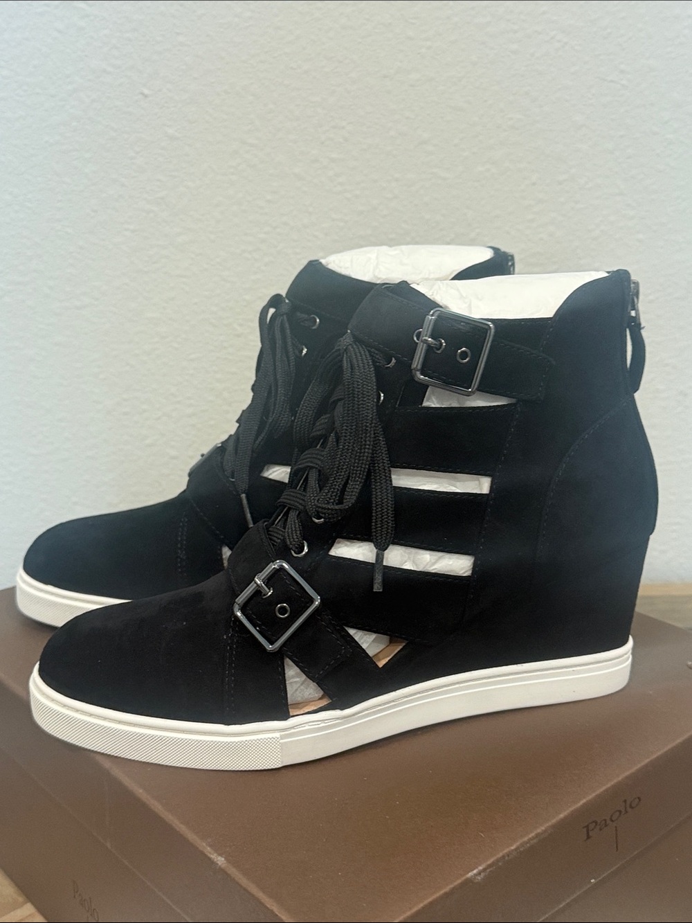 Linea Paolo Fave-L Black Kid Suede Wedge Lace-Up Ankle Booties Size 9 New in Box